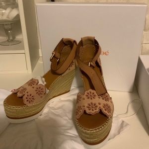 See by Chloe pink floral laser cut suede espadrille wedge, size 8 (38), nwt
